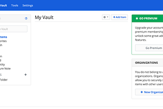 A screenshot of an empty Bitwarden password vault.