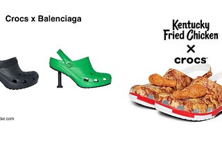 Image of the Crocs and Balenciaga collab as well as the KFC and Crocs collab.