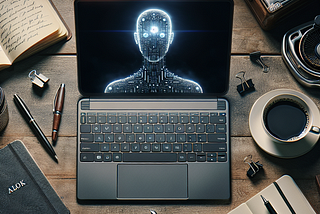A futuristic writer's desk with a sleek laptop displaying an AI symbol, surrounded by pens, notebooks, and a cup of coffee.
