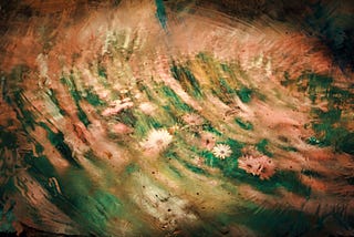 a blurry painting with pink flowers in a field.