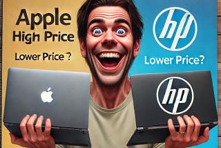 A humorous and exaggerated thumbnail image showing a person with a very happy expression. The person is holding an Apple laptop labeled ‘High Price’ in one hand and an HP laptop labeled ‘Lower Price?’ in the other hand. The background is split, highlighting the comparison between the high price of the Apple laptop and the lower prices of the other brands. The title at the top reads ‘Is It Worth Buying an Apple Laptop Despite Their Higher Prices Compared to Other Brands Like Dell and HP?