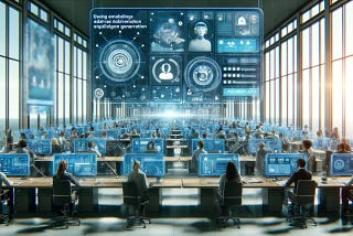 A modern customer service center equipped with advanced technology interfaces. This depiction showcases customer service agents using futuristic computers, surrounded by floating digital displays of data analytics, chat interfaces, and AI tools, embodying the use of embeddings and Retrieval-Augmented Generation in customer service.