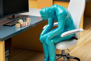 Blue character hunched over in their chair in front of a desk. The desk has blocks that spell out: fired.