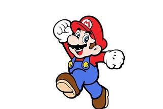 Nintendo’s incomic Mario character in Red hat with M on it and Blue overalls with gold buttons. Brown shoes. He appears to be running and has one arm up in a victorious, upbeat stance.