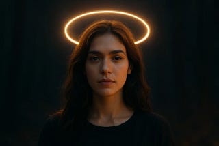 A woman with a calm, serious expression stands against a dark background, illuminated by a glowing halo of light above her head. The image symbolizes moral projection, idealization, or perceived purity — often contrasted with hidden complexity beneath the surface.