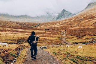 A walker in black with a small pack walks down a deserted path through a dry yellow landscape with sharp-toothed blue mountains in the distance.