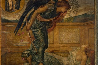 The angel of death comes to fetch a dying woman in a rose garden