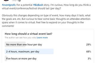 How long should a virtual event last? https://www.linkedin.com/posts/clairehoffman_eventprofs-bizbash-activity-66682158202310