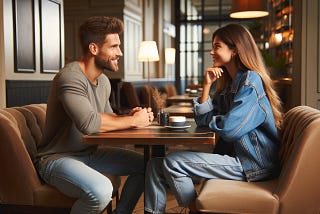 A man and a woman of different heights on a date, enjoying a conversation in a cozy café setting, emphasizing comfort and connection, 16:9 aspect ratio