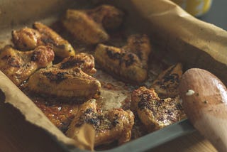 Home grown pea shoots (stir fry) and air fryer chicken wings