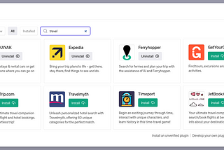 Travel plugins available on ChatGPT including Ferryhopper, Expedia, Kayak and GetYourGuide