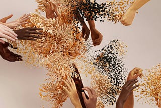 Human hands blending into abstract shapes and particles, evoking connection, transformation, and diversity.