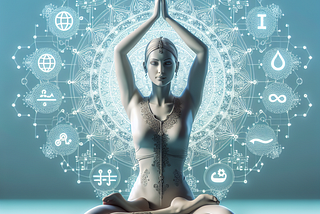 A Middle-Eastern woman in a yoga pose surrounded by AI technology symbols.