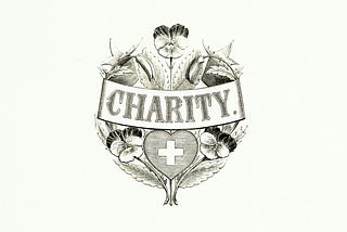 CHARITY, a white cross on a red heart, three two tone flowers, surrounded by thin leaves.