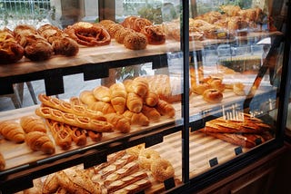 Picture of bakery cases filled with breads and rolls.