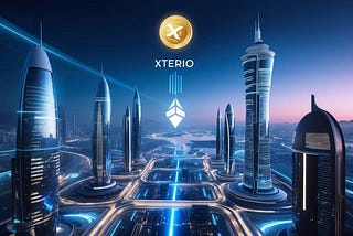 A futuristic cityscape with sleek buildings and hovering vehicles, illuminated by neon lights, with an xterio airdrop descending from the sky