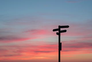 A silhouette of signpost pointing multiple different directions in front of a sunset