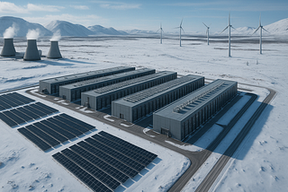 Aerial view of an eco-friendly server farm balancing power and performance.