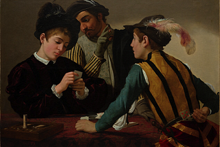 A Baroque painting from the early 17th-century picturing three men in a poker game.