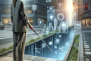 Generated by Dall-e 3. Here is the updated image of the blindfolded female analyst now dressed in casual trousers, standing at the edge of a gap on a city footpath. The gap is filled with futuristic tools, and she is holding a blind stick over it. The setting with modern skyscrapers emphasizes the blend of casual professionalism in a futuristic environment.