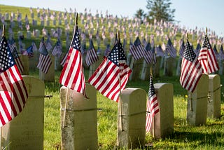 Many rows of American Flags strapped to War Veterans' tombstones.