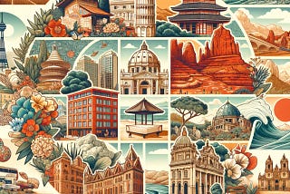 A montage illustration featuring iconic symbols from top senior-friendly destinations: rolling hills of Tuscany, Italy; tranquil temples in Kyoto, Japan; vibrant architecture in Barcelona, Spain; red rocks of Sedona, Arizona; stunning beaches of Algarve, Portugal; picturesque landscapes in Cape Town, South Africa; classical music heritage of Vienna, Austria; charming old town in Quebec City, Canada; breathtaking nature in New Zealand; and serene beaches of Bali, Indonesia, arranged in a harmonio