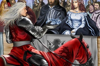 Rhaegar in red jousting armor on his horse, hands a wreath of blue flowers to Lyanna Stark who sits beside her father