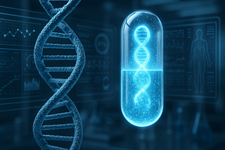DNA transforming into a custom medicine capsule in a futuristic lab”