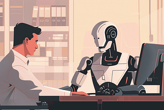 An illustration of a man in professional attire sitting at a desk facing a robot.
