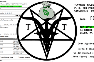 Logo for The Satanic Temple with a bag that has a dollar sign replacing the “s” in “TST”. On either side are government documents about it