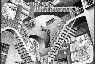 A print of Relativity, by the artist M. C. Escher. It features swirling staircase in all directions. The staircases intertwine and lead to different doorways, but it is difficult to discern where each staircase begins, where it ends, and how they are linked.