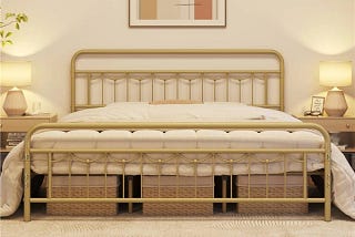 Vintage Farmhouse Metal Platform Bed with Antique Gold Finish | Image