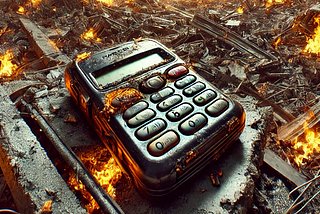 An AI-generated image shows a destroyed pager among debris and flames.