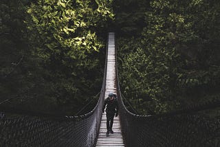 A man hiking across a bridge in the forest.