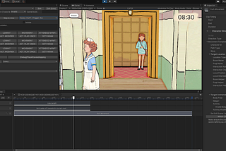 A screenshot displaying the Unity editor, with the Timeline window at the bottom, plus a ‘Scene Timeline Helper’ window on the left, which allows the user to skip forwards or backwards in the scene, and has many buttons to quickly add clips to the Timeline. On the right is a Property Inspector which is inspecting the currently selected clip, a “Character Direction” clip, which is set up to move the character Ruth to the Nurse’s Station. In the Game view in the middle, Ruth is mid-movement.