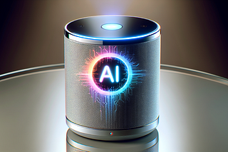 A sleek Apple HomePod with a glowing screen displaying the Apple AI logo.