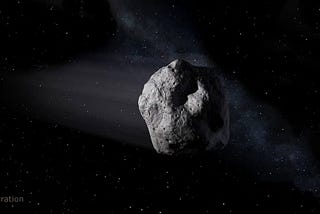 illustration of an asteroid in front of a black background full of distant stars