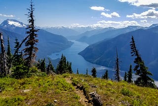 Atop a mountain overlooking the water, this scene from the point of view of a hiker who is looking out into the horizon upon reaching the heights he/she was hiking for. There are trees in the foregrounds and clourds trailing the right corner. Shades of blue, green, and browns are shown.