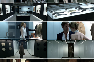 A series of screenshots from a scene in Westworld, showing William at a futuristic train station, then in front of a large screen showing footage of a field, then in a room containing shelves and draws of old-timey clothing and pistols, accompanied by a host. William is then dressed in the old-timey clothes and enters a train carriage.