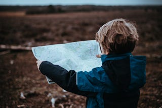 child standing in a field looking at a map