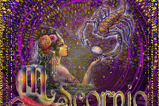 Scorpio image of a women holding up her hand to a scorpion. Animated background of purple and gold.