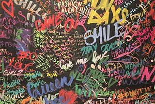 Random words in different colors and styles written on a black wall.