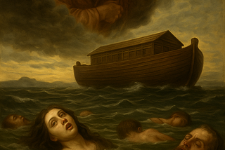 God looking down cruelly on Noah’s Ark and people drowning