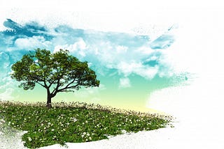 Water color painting of a tree in a meadow. Sky in the background.