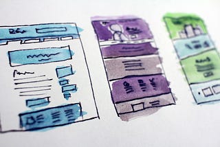 Hand-drawn mockups of various UI designs.