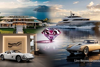 Collage of the world’s most expensive items in 2025 — a billion-dollar mansion, rare pink diamond, luxury yacht, and vintage Ferrari.