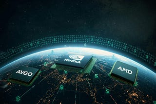 Nvidia microchip centered between AMD and AVGO chips floating above Earth in space, symbolizing the global semiconductor and AI technology market.