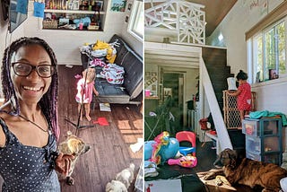 A side-by-side photo of Alexis Monkhouse and her daughter inside their tiny home, which is filled with toys.