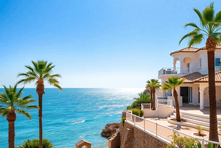 A sunny Spanish coastline with luxurious villas, palm trees, a clear blue sky, and shimmering sea, showcasing the allure of real estate investment opportunities.