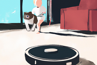 Image created by the generative AI DALL-E with the prompt “smart home device digital art robot vacuum that looks like a dog cleaning up a living room with a toddler walking around.”